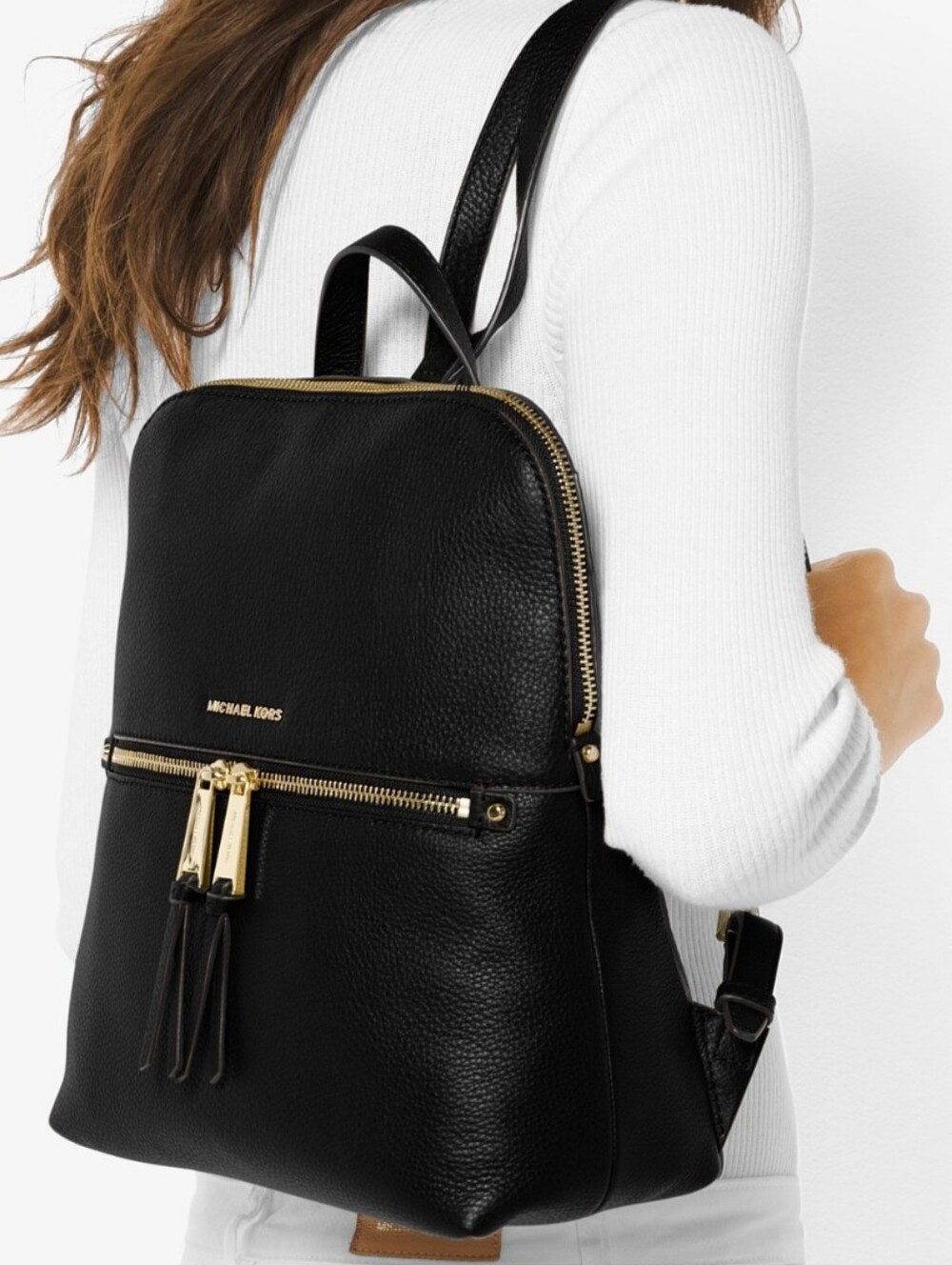 NWT Michael Kors Rhea Medium Black Leather Backpack with Gold-Tone Accents